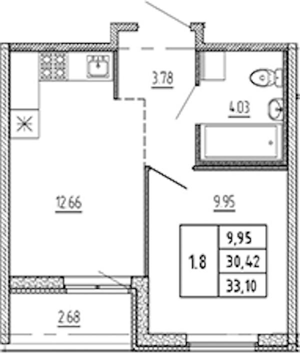 1-комнатная квартира 30.42 м², 12/22 эт., ЖК «Новые горизонты 2»